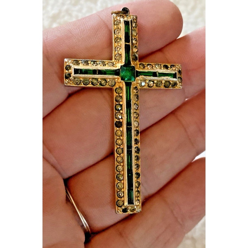 Vintage Estate Gold Tone Green Paste Stone 2" Cross Pendant